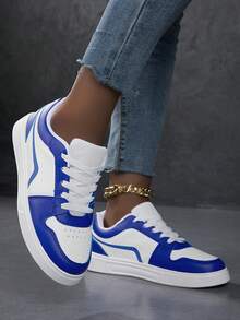 女士休闲运动鞋，时尚小白鞋，街头风格滑板鞋，轻便 - 藍白色 - 查看 5