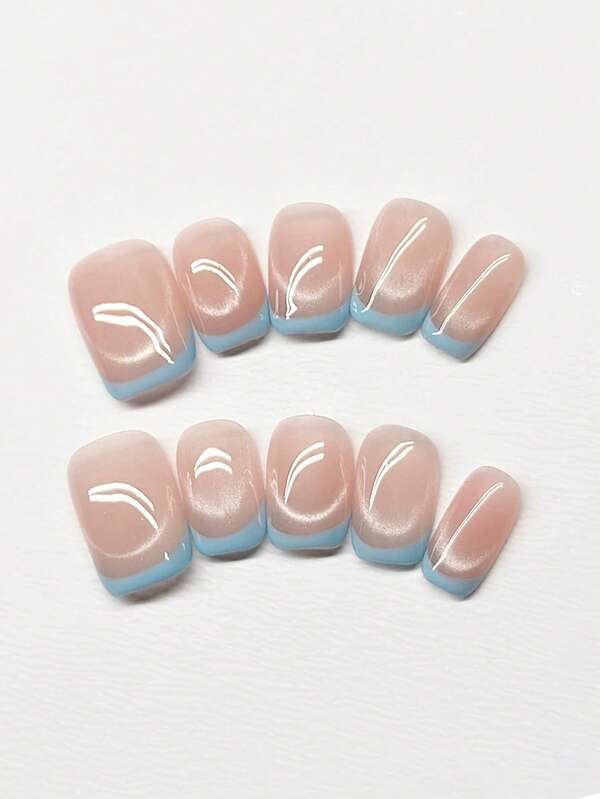 10 pezzi di unghie finte corte quadrate blu, realizzate a mano, con perline di vetro blu chiaro dall'effetto occhio di gatto, minimaliste e carine, adatte per donne e ragazze, per primavera, estate, autunno, inverno, feste e uso quotidiano