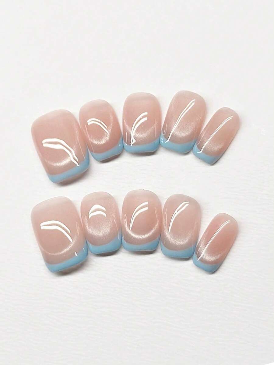 10 pezzi di unghie finte corte quadrate blu, realizzate a mano, con perline di vetro blu chiaro dall'effetto occhio di gatto, minimaliste e carine, adatte per donne e ragazze, per primavera, estate, autunno, inverno, feste e uso quotidiano