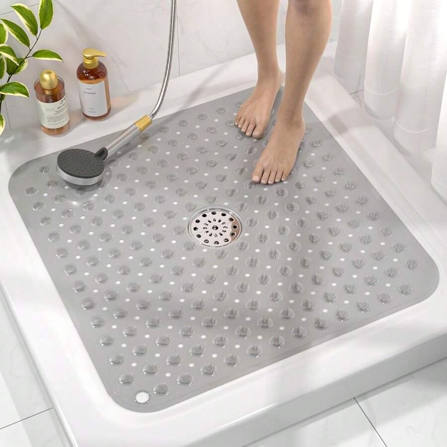Shower Bathtub Mat Non Slip, 24inchx 24inch Bath Mat For Tub, Soft PVC Shower Mats For Inside Shower With Suction Cups And Center Drain Hole, Machine Washable Bathroom Floor Mat, Grey{Inchcolor_nameinch:InchGreyinch,Inchsize_nameinch:Inch24\Inchx24\Inch(Square)Inch} - Grey - View 1