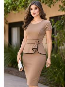 Women's Plus Size Midi Sheath Dress With Bow, Evangelical, Youthful, Gold Line, Cheap, On . - 鏽棕色 - 查看 2