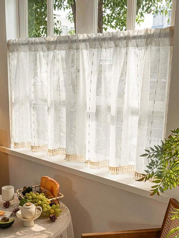 1pc Japanese Style Delicate White Linen Sheer Curtain With Embossed Floral Lace Edge