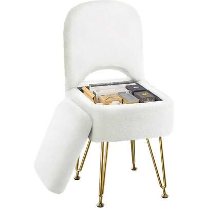 Vanity Stool Chair With Storage And Folding Back, 13.4" X 15" X 30" Square Faux Fur Soft Ottoman, 4 Metal Legs With Anti-Slip Feet, Furry Padded Seat For Makeup, Bedroom, White Or Pink