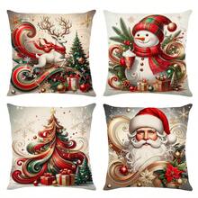 4 sztuki świątecznych, kolorowych poszewek na poduszki z motywem choinki, Świętego Mikołaja, bałwana i renifera, z nadrukiem, miękkie i wygodne, wykonane z poliestru, 45 x 45 cm (17,72 x 17,72 cala), zapięcie na zamek błyskawiczny, nadające się do prania w pralce, odpowiednie do wystroju domu, salonu, sypialni, werandy, ogrodu, na kemping, do dekoracji na zimowe święta (same poszewki na poduszki – wkładka nie jest dołączona)