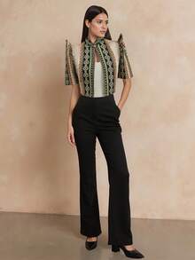 Amyenjoylife Modern Filipiniana Top,Butterfly Sleeves Filipiniana,1PC Women's Fashion Semi-Transparent Fabric Splicing Stand-Up Collar Design Senseelegant Style Puff Sleeve Top, Button-Up Blouse Spring And Summer Bolero Filipiniana For Women,Green Christmas Top - Green - View 3