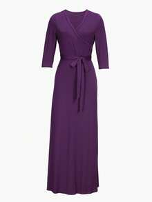Women's V-Neck Cinched Waist Extra Long Sleeve Dress, Spring/Summer - Purple - View 5