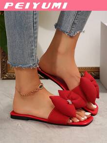 PEIYUMI Women's Bow Decor Slippers, Fashionable Summer Flat Sandals Valentines - Red - View 6