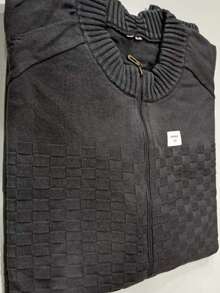 Men's Plus Size 100% Cotton Winter Jacket/Sweater With Checkered Print - Grey - View 2