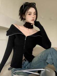 女士拉链开衫（不含围脖） - 黑色 - 查看 7