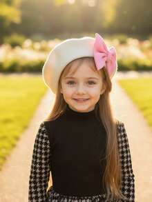 1pc Girls' White Big Bow Beret Hat, Solid Color, All Season, Vintage Style, Children's Warm Decorative Hat For Autumn/Winter - 1PC - View 8