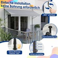 LILIIN Clamp-On Awning For Balcony, 400 Cm Wide - Awning With Hand Crank, Height-Adjustable Balcony Awning Without Drilling, UV Protection, Sun Protection, Weatherproof (400 X 120 Cm, Grey-White/Blue-White/Dark Grey/Light Grey) - White Grey - View 3