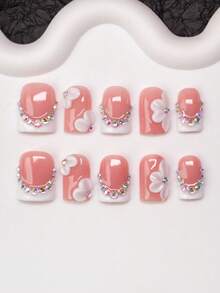 10pcs Square Shaped Handmade Nail Tips, Y2K Baddie Style, Nude & White Color With French Tips, Carved Patterns, Rhinestone Elements, Suitable For Parties, Dances, Daily Wear, Includes Tool Kit, Great Gift For Women And Girls Nails Nail Supplies Handmade Press On Nails - Multicolor - View 2