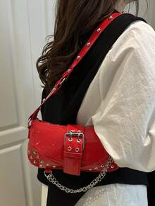 Modische lackierte Leder Minimalistische Ketten Dekor Umhängetasche