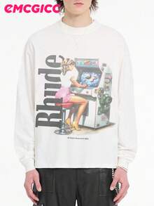 EMCGICC Motocore Y2k Long Sleeve Shirt, Urban Art Punk Graphic T-Shirt Cotton 250g, Preppy Lettering Fashion Hip Hop Men's Long Sleeve T-Shirt, Fun Vintage Shirt, Regular Fit,  Jungle Print Preppy Lettering Street Style, Digital Print, Ideal Gift - trắng - Xem 2