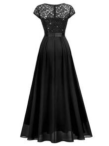 MIUSOL V Neck Sequin Lace Cap Sleeve Chiffon Pleated Hem Evening Party Maxi Dress, Elegant Party Dress For Women, Formal Evening Gown, Prom Dress, For Wedding Guest, Graduation, Dinner - màu đen - Xem 8