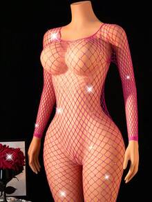 1 bộ đồ lót gợi cảm cho nữ, màu hồng lưới đính đá, kiểu bodysuit tay dài, xuyên thấu, khoét lỗ, thích hợp mặc đi club. - Hồng - Xem 3