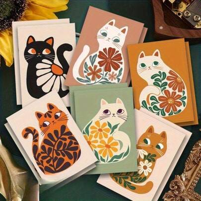 12 张波西米亚风格猫咪艺术贺卡带信封 - 鲜艳的花卉和猫咪图案，适合各种场合 - 生日、节日、圣诞节、感谢礼物或猫咪爱好者的完美选择