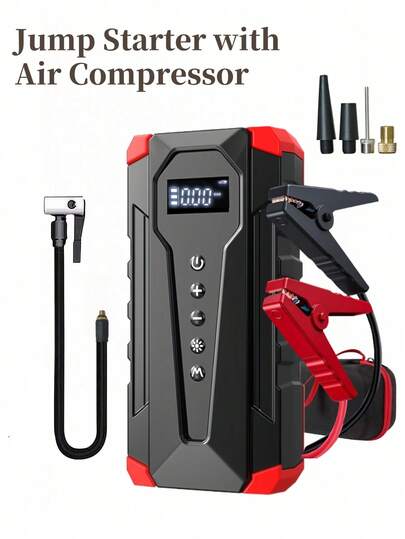 Avviatore di emergenza per auto da 5000A 150PSI con compressore d'aria, avviatore portatile per batteria auto da 12V con cavi per avviamento, display LCD e torcia a LED