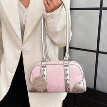 Bolso Boston versátil para mujer, estilo axila, con contraste de colores, informal, de gran capacidad, para el hombro, ideal para el día a día. - Rosa - Ver 2