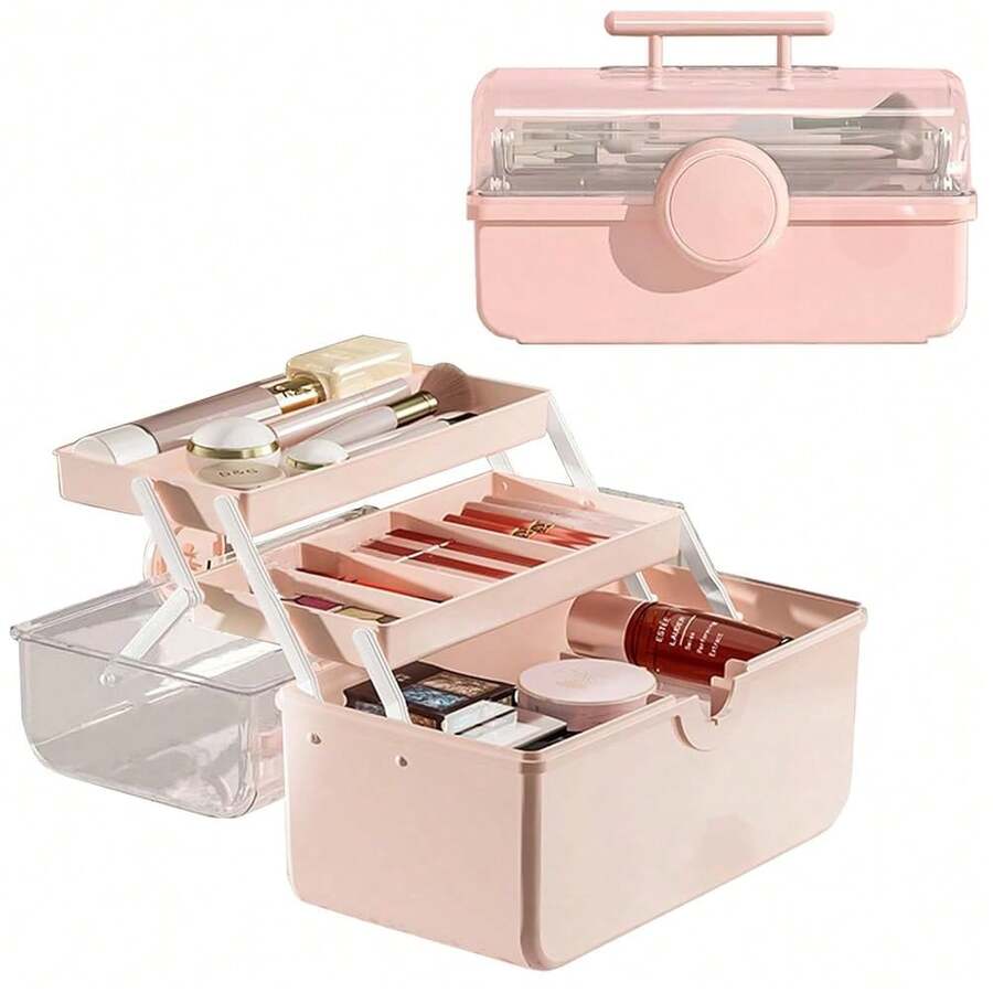 Makeup Storage Organizer, Large Capacity Makeup Organizer With Transparent Visual Cover, Handle 3 Layers Portable Cosmetic Storage Box Easily Organize Your Cosmetics, Jewelry And Hair Accessories{Inchcolor_nameinch:Inch11\InchPinkinch} - 11 inchMàu hồng - Xem 1