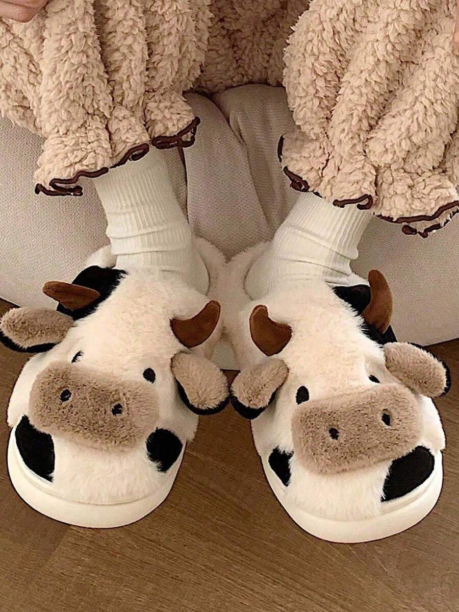 Plus Size Men's Cartoon Cute Fully Covered Heel Cow Pattern Slippers, Thermal Lined, Thick Non-Slip, High Quality Couple Style, Warm Indoor Shoes For Winter, Students Dormitory