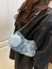 Decorative Buckle Detail, Stitching, Chain Strap Shoulder Bag, Women's Decorative Buckle Shoulder Bag, Street Fashion Hobo Bag, Small To Medium Crossbody Bag And Wallet Set, Suitable For Shopping, Dating, As A Gift For Ladies, Suitable For Teenagers, College Students, Work, Business, Commuting - Blue - View 3