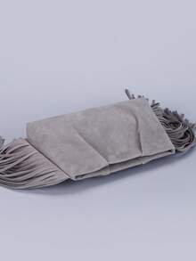 灰色麂皮流苏手拿包，小众设计，多功能晚宴包，个性时尚通勤包，休闲别致灰色包包，简约纯色钱包，女士钱包，婚礼配饰，圣诞礼物，适合派对、晚宴、婚礼、约会、购物等各种场合。 - 灰色 - 查看 6