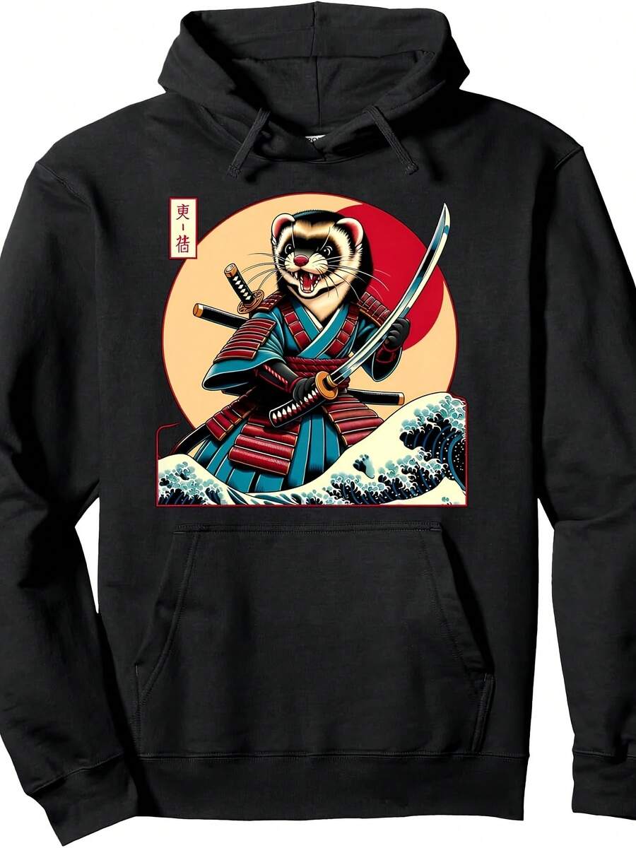 Otaku Ferret Samurai Pullover Hoodie Christmas Thanksgiving New Year Birthday Hoodie Gifts For Mom Dad Men Women Friends, Black Soft Fabric - 款式5 - 查看 1