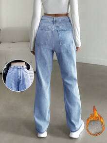 Solid Color Casual Thermal-Lined Denim Jeans With Pockets, Autumn/Winter - Light Wash - View 3