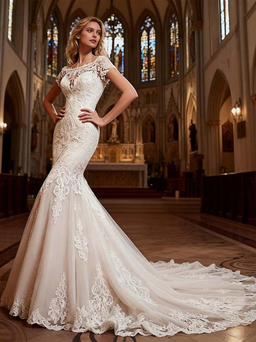 Vestido de novia de encaje de sirena glamoroso fuera del hombro, Aplicados de encaje, Tren largo, Vestido de novia, Vestidos de novia para la novia, Elegante y cómodo, Adecuado para la boda, Fiesta, Vacaciones, Novia, Ocasiones formales, Vestido de cena, Vestido de baile, Vestido después de la fiesta, Vestido de regreso a casa, Fiesta de cóctel, Fiesta de cumpleaños, Ceremonia - Blanco - Ver 1