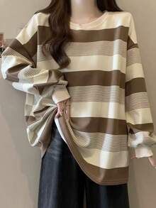 Striped Loose Long Sleeve T-Shirt For Women - Multicolor - View 4