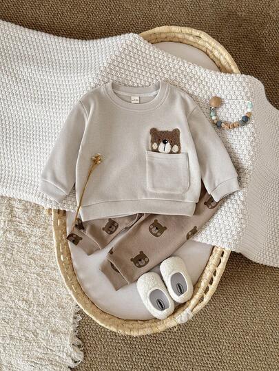 2pcs/Set Infant/Toddler Unisex Casual Bear Embroidered Long Sleeve Sweatshirt And Bear Print Long Pants Set, Spring/Autumn