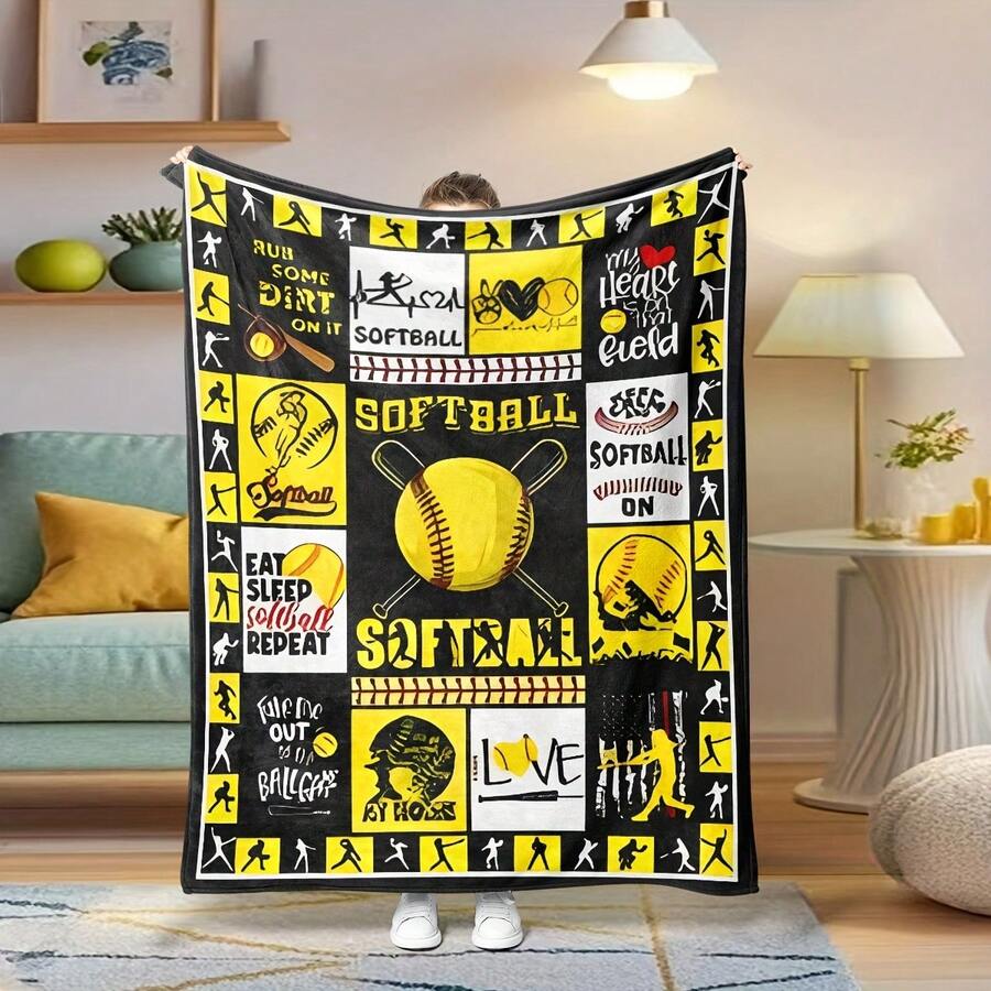 Softball Printed Blanket, Team Gift,Super Soft Flannel Printed Blanket,As Birthday Gifts, Family, Wedding, Souvenir Blankets, Polyester Blankets Suitable For All Seasons, Washable, Machine Washable, Lightweight, Breathable, Comfortable, Warm, Unique, 280gsm For Him, Her Personalized Ideal Gifts For Her, Him, Family, Boyfriend, Girlfriend, Father, Family, Mother, Lover, Daughter, Son, Grandfather, Grandmother, Friend, Classmate, Pet. Perfect Nap, Camping, Travel, Home, Daily Life, Office Decoration, Birthday, Anniversary, Valentine's Day, Thanksgiving, Christmas, Halloween, Mother's Day, Father's Day, Wedding, New Year Gifts ,Sofa,Bed,Car,Bedroom,Living Room,Office, Outdoor Camping, Beach,Wall Decoration - 多色14 - 查看 1