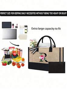 Juego de bolsas de lona con iniciales florales negras de la A a la Z, incluye bolsa de almacenamiento de maquillaje, bolsa de regalo personalizada, adecuada para boda, cumpleaños, playa, vacaciones, escuela, es un gran regalo para mujeres, mamá, maestros, amigos, damas de honor, estudiantes, bolsa grande, artículos de primera necesidad, regalos perfectos para vacaciones, cumpleaños, Acción de Gracias, Pascua, Navidad