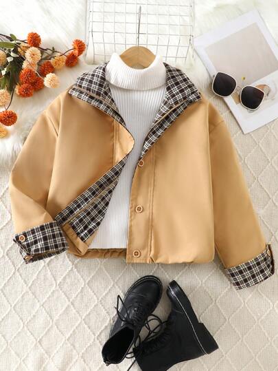 Children's Plaid Lapel Single-Breasted Casual Jacket, Fashionable For Autumn/Winter