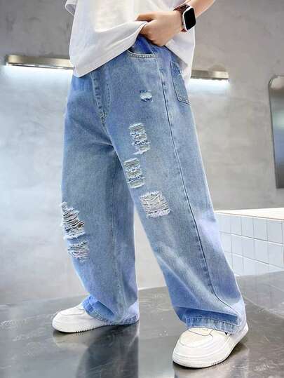 Tween Boy Vintage Distressed Straight Leg Jeans, Casual Loose High Waist Straight Denim Pants For Teenage Boys