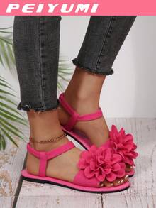 PEIYUMI Women's Sandals, Summer Beach Floral Decor Sandals, Stretchy Elastic, Portable - Hot Pink - View 6