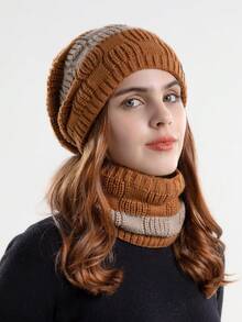 1 Set Women's Cable Knit Beanie & Scarf Set, Thick Warm Knitted Slouchy Hat & Neck Warmer For Winter Daily Use - Multicolor - View 4