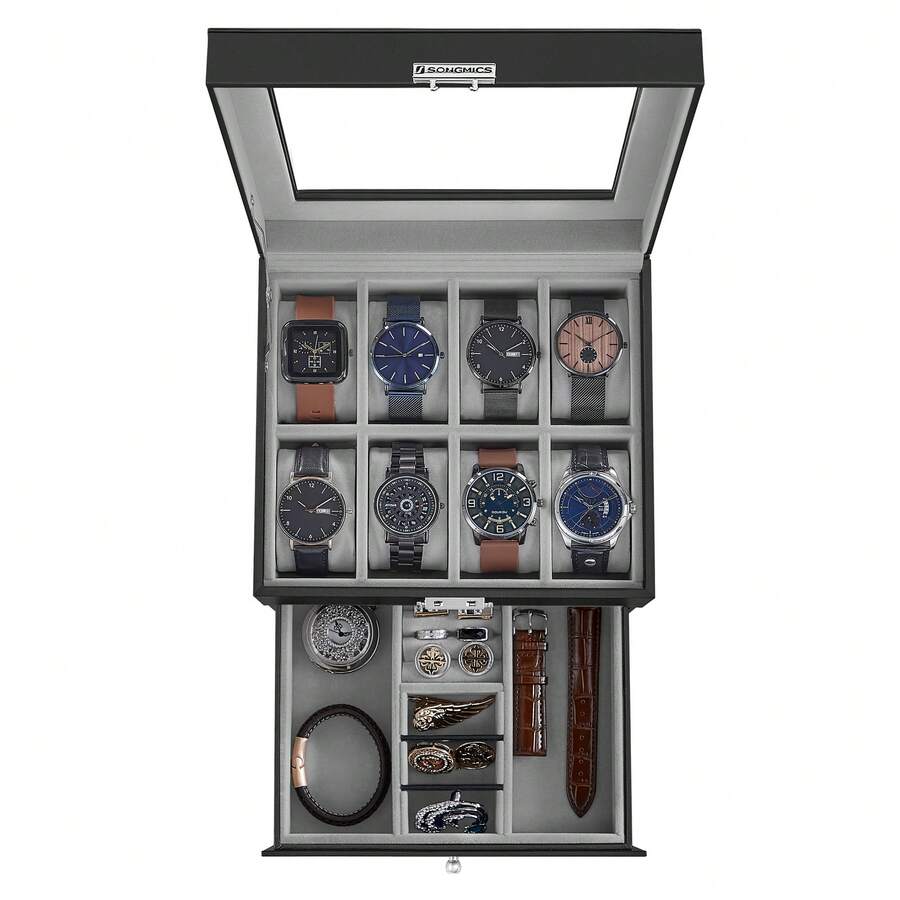 SONGMICS Caja de Relojes de 2 Niveles, Estuche para 8 Relojes, Tapa de Cristal, con Cerradura, Cuero Sintético Negro y Forro Gris - Negro - Ver 1