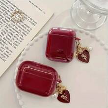 Glossy Wine Red TPU Earphone Protective Case With Faux Pearl Chain And 3D Heart Design, Compatible With Airpods 1/2/3/4, Pro 3/Pro 2, Scratch-Resistant, Shock-Proof, Soft , Mother's Day, Valentine's Day, Birthday Gift, Girlfriend Gift - Burgundy - View 3