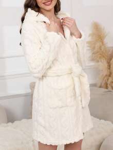 Women's Solid Color/Striped Belted Casual Robe, Suitable For Spring, Autumn And Winter