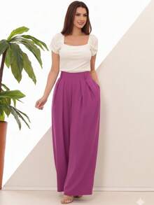 Women's Wide Leg High Waist Wide Leg Pants - Rose Red - View 1