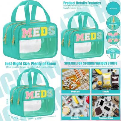 Chenille Letter Clear Medicine Bags Makeup Bag For Travel Preppy Patch Nylon Cosmetic Meds Pouch With Handles And Zipper Waterproof Large Clear Travel Toiletry Purse Storage For Women Green