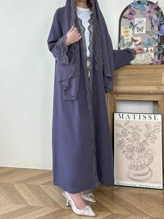 2pcs Set Solid Color Patchwork Water-Soluble Lace Flare Sleeve Extra Long Arabic Abaya Robe