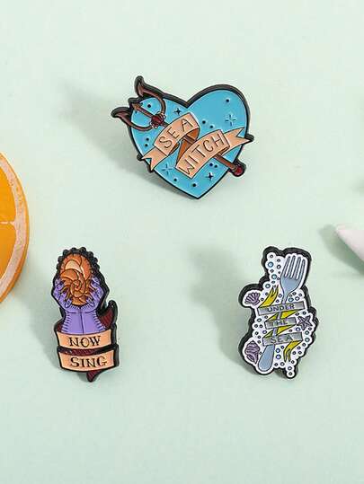 3 piezas Pines de esmalte personalizados con diseños de animación de fantasía de amor, bruja del mar, varita mágica y concha cantante, broches divertidos para ropa, insignias de solapa, regalos de joyería