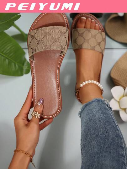 PEIYUMI Women's Comfortable Fabric Cute & Elegant Pattern Round Toe Flat Casual Sandals, Versatile Resort Style, Suitable For Spring/Summer