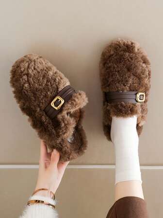 Varma dametofflor med stängd tå, tjock sula med spänndekor, plyschfoder, halkfria hustofflor för höst/vinter