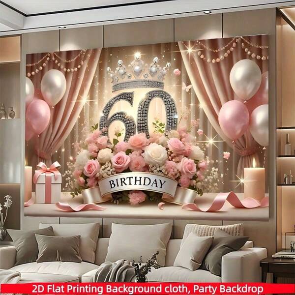 1PC 2D Flat, Elegant Pink 60th Birthday Background Banner - Made Of Polyester Fabric, With The Words "60" Diamond, Crown, Rose, Perfect For 60th Birthday Parties, Holiday Celebrations, Living Rooms, Garden Decorations, Women's Milestone Celebrations, Photo Shooting Backgrounds, And Indoor And Outdoor Holiday Decorations