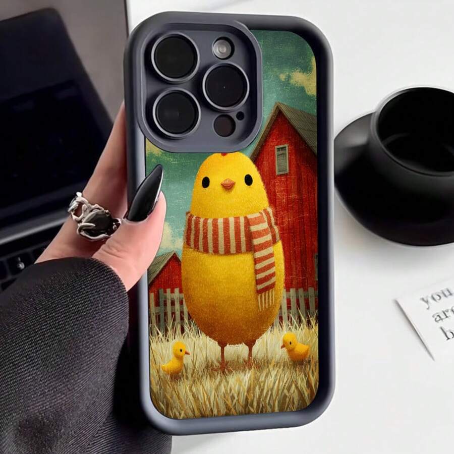 Cubierta de teléfono con diseño de pollito amarillo con bufanda, fondo de granja roja y polluelos, color negro, para uso diario y protección de dispositivos móviles - Burdeos - Ver 1
