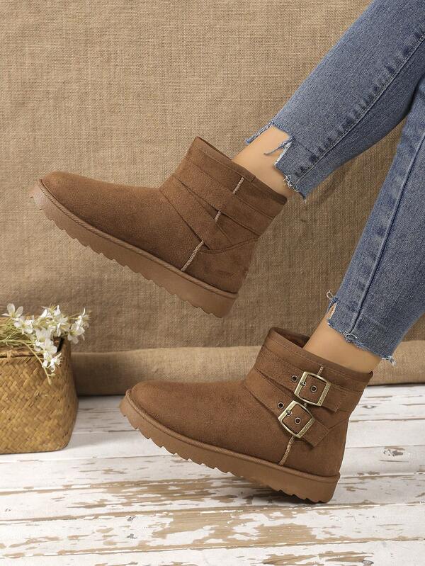 Stivali da neve da donna con doppia fibbia, con fodera termica e suola spessa, stile alla moda, comodi e casual, leggeri e corti